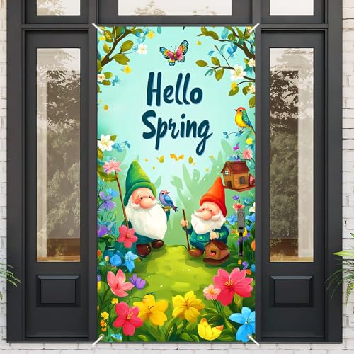 Image of Hello Spring Gnome Door Cover 35x71in Bird Butterfly