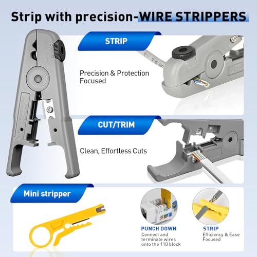 Image of RJ45 Crimp Tool, Cat7 Cat6 Cat5 Crimping Tool Kit with Wire Cutter, Network Cable Tester, Mini Cable Stripper, 50xCat6 Connectors, 50xRJ45 Boots, Ethernet Crimper for Network Cable Installation