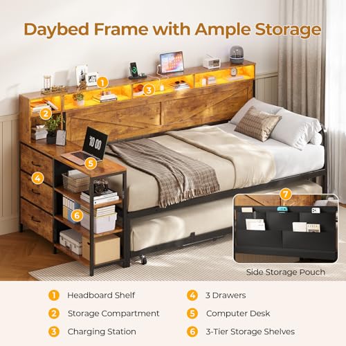 Image of MSmask Daybed with Trundle, Twin Day Bed with 3 Storage Drawers and Shelves, Farmhouse Wooden Daybed Frame with Charging Station and LED Lights for Bedroom, Rustic Brown