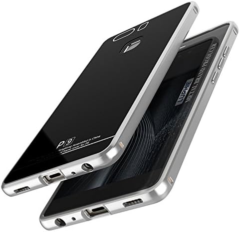 Uniqe Aluminum Metal Bumper [Metal Frame] with [Tempered Glass Back Case] Multi-layer Protective Case Cover for Huawei P9 (Silver+Black)