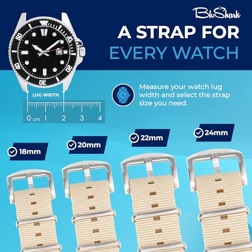 Image of BluShark - Original Collection Military-Style Waterproof Watch Strap, Fits All Timepiece Brands, Durable Nylon Wristwatch Accessories with Stainless Steel Buckle - 18mm, 20mm, 22mm & 24mm Watch Bands