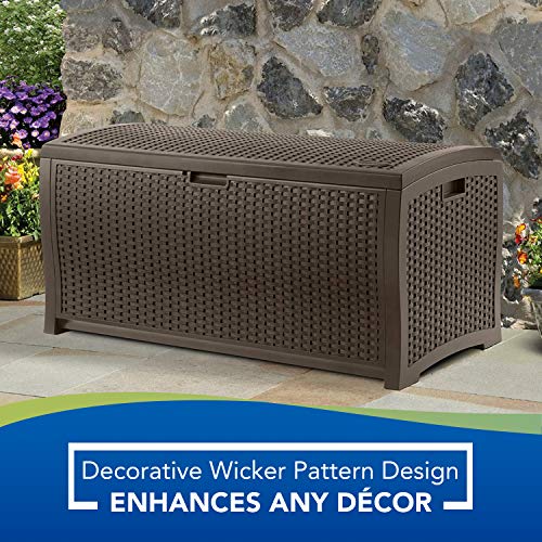 Suncast 99 Gallon Resin Wicker Patio Outdoor Storage Container For Toys, Furniture Deck Box, Mocha & Suncast 22 Gallon Small Resin Storage Seat, Java, Ssw600J #TOP2
