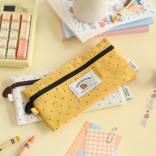 Image of Monolike Happy and Lucky Candy Dot pen case, Yellow - Slim Corduroy Style Cotton Pen Pouch, Cute Aesthetic Pastel Stationery Organizer for Office