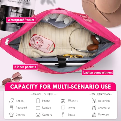 WOOMADA Weekender Overnight Bag for Women, Carry on Shoulder Travel Duffel with Shoes Compartment,Gym Bag with Toiletry Bag(hot pink) — view 4