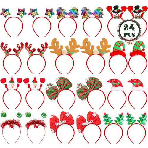 HOVACY 24 Pcs Christmas Headbands 12 Styles Christmas Headwears with Assorted Design Santa Christmas Tree Snowman Stars Reindeer Antler Xmas Party Decor for Women Men Christmas Party Favors