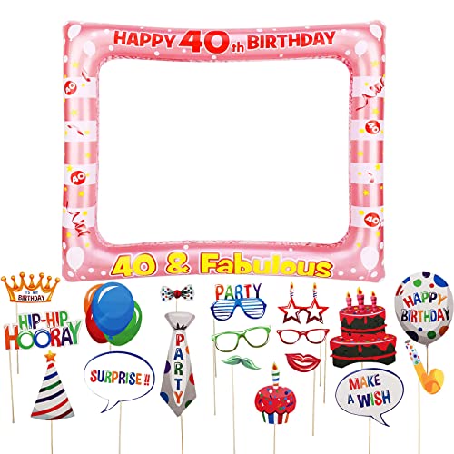 Cadre photo gonflable pour 40e anniversaire, rose dorée avec 18 accessoires à selfie réutilisables, décorations de fête pour homme, femme, anniversaire, mariage, enterrement de vie de jeune fille Cover