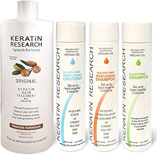 Brazilian Keratin Blowout Straightening Smoothing Hair Treatment 4 Bottles 1000ml Kit Includes Sulfate Free Shampoo Conditioner set by Keratin Research Queratina Keratina Brasilera Tratamiento