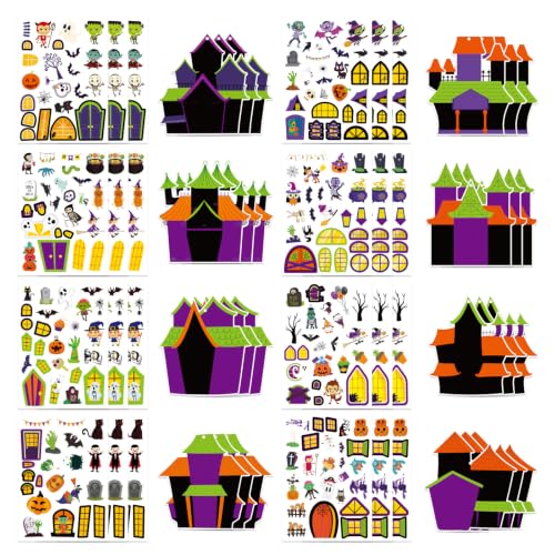 Halloween Haunted House Craft Kit for Kids - 24 Sets Make a Haunted House Hanging Ornament Sticker Kit, DIY House Scene Trick or Treat Halloween Party Favors Decoration