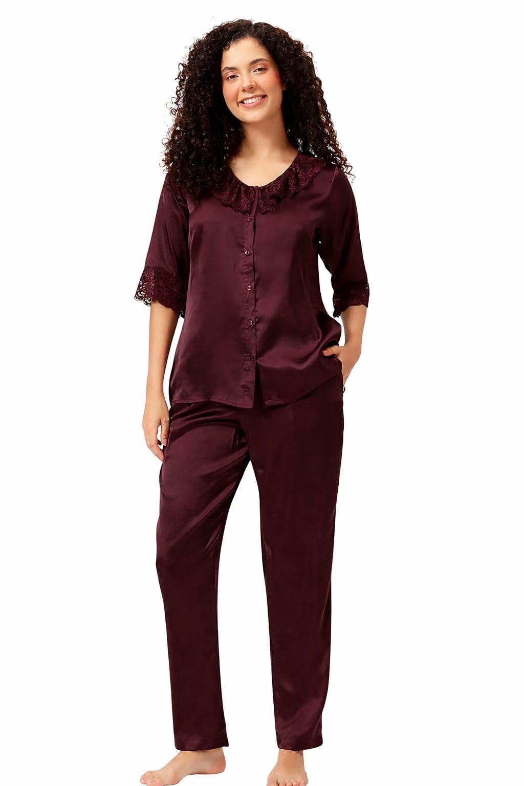 Women's Satin Pajama Set – Elegant Silk-Like Button-Down Sleepwear Top with Ruffle Lace Collar and Comfort Fit Lounge Pants Nightwear-image-5