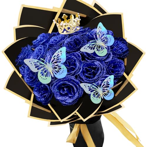 LARDUX Glitzer-Rosenstrauß, Valentinstag, künstliche Rosensträuße, DIY künstliche Glitzer-Blumensträuße mit Krone für Geschenke, Hochzeit, Jahrestag, Verlobung, Geburtstag, Muttertag, 24 Stück