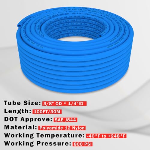 Image of CheeMuii 100 FT 3 /8 inch DOT Air Line Blue 3 /8 PA12 Nylon Pneumatic Tubing 30.5 Meter 3 /8 Inch OD Pneumatic Air Tubing Pipe Hose Line for Semi Truck Trailer or Industrial Air System