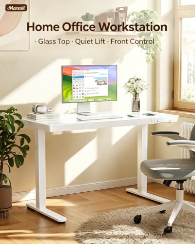 Image of Marsail Glass Standing Desk, 55 x 28 Inch Electric Standing Desk,White