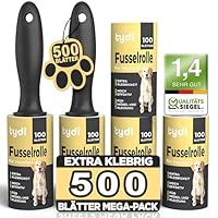 Fusselrolle– Extrastark Klebende Fusselrolle für Tierhaare auf Kleidung und Möbeln – 500 Blätter,100 pro Rolle, mit 2 Griffen – Wiederverwendbarer Tierhaarentferner & Hundehaarentferner