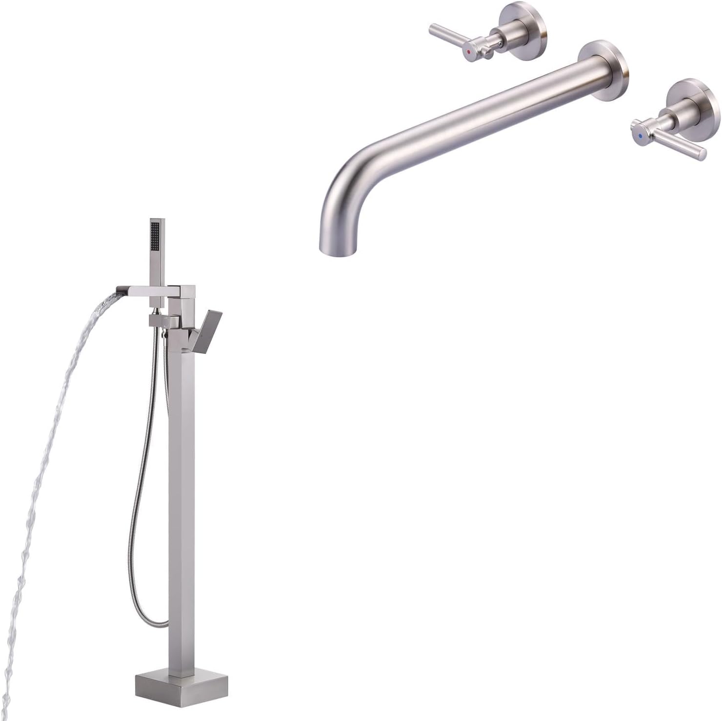 ALEASHA Freestanding Bathtub Faucet Brushed Nickel + Wall Mount Tub Filler Brushed Nickel