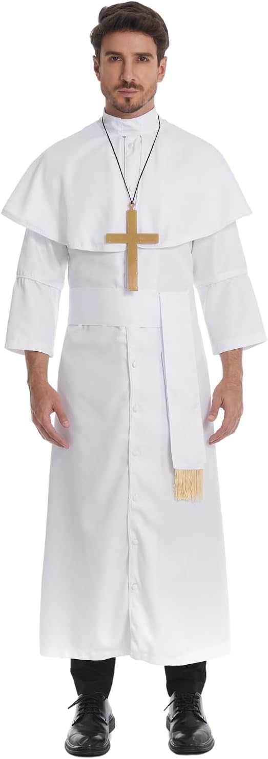 Priests Costume Men with Collar Clergy Robes Halloween Cosplay Party