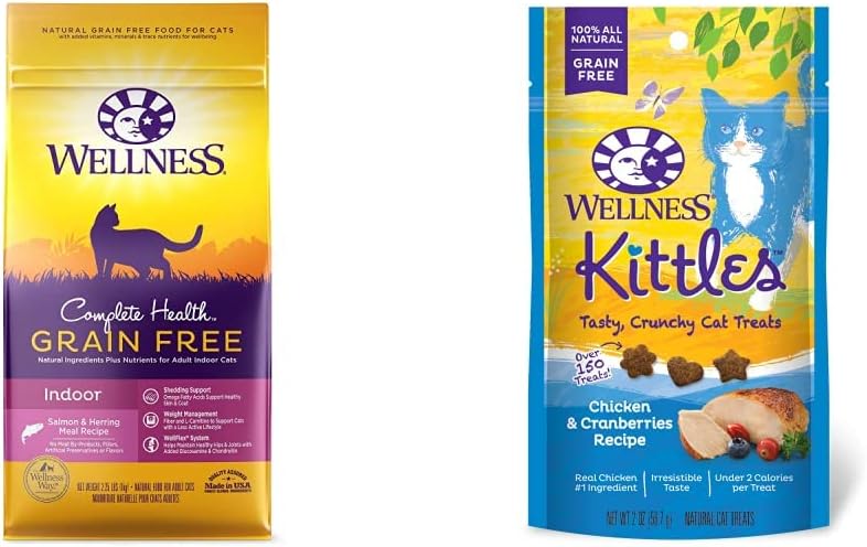 Wellness Complete Health Grain Free Senior Dry Cat Food, 5 Pound Bag Bundle Kittles Natural Grain Free Cat Treats (Chicken, 2 oz)
