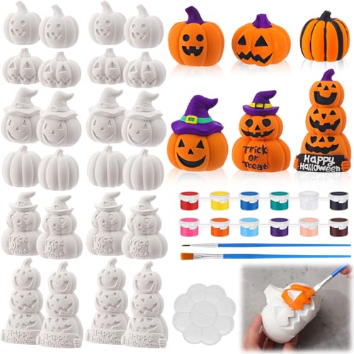 Zubebe 24 Pcs Halloween Ceramic Pumpkins to Paint Craft Kit Ready to Paint Small Ceramics Pumpkins Unpainted Statues Ornaments Goodie Bag Fillers with Paints Brushes Palette for Adults Teenager
