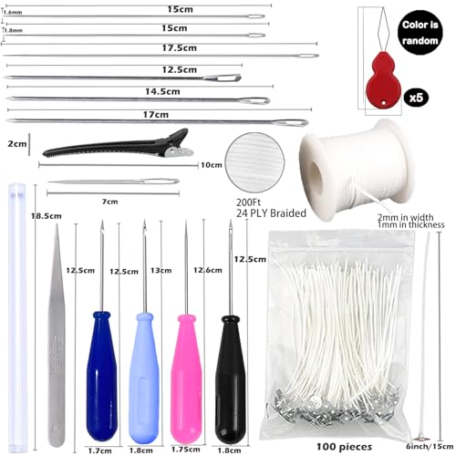 Image of 119PCS Candle Making Kit Mold Punch Needle with Hook Eye,Candle Wick Inserting Tool for Molds Long Wick Needle for Candle Making,Candle Wick Roll 200 Ft 24 Wick Spool,100 Piece 6 inch Natural Candlewick