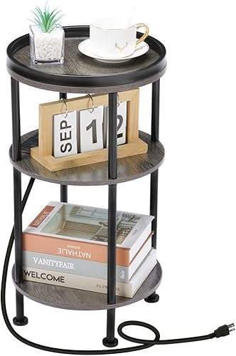 Mesa auxiliar redonda pequeña con estación de carga para espacios estrechos y pequeños, sofá de 3 niveles con 2 puertos USB y tomas de corriente,