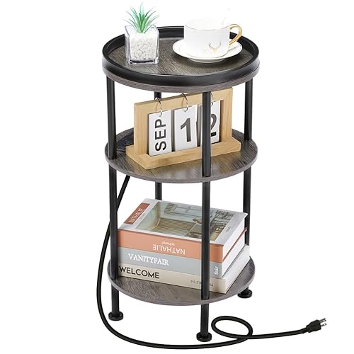 Small Round Side Table with Charging Station for Small Spaces,
