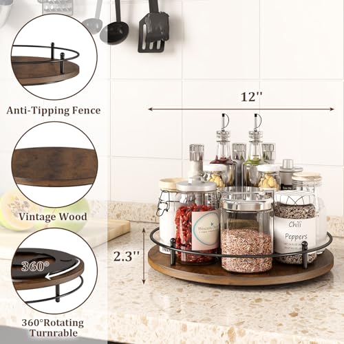 Image of 12 inch Lazy Susan Turntable Organizer,Round Wooden Lazy Susan Organization and Rotating Spice Rack for Dining Table,Pantry,Kitchen Countertop,Vanity,Cupboard and More.Vintage Wood(Round)