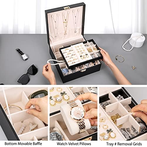 Voova Jewellery Box Organiser for Men Women Girls, Large Watch Display Case, 2 Layer PU Leather Jewelry Storage Holder with Removable Tray for Watches Sunglasses Rings Earrings Necklace, Black