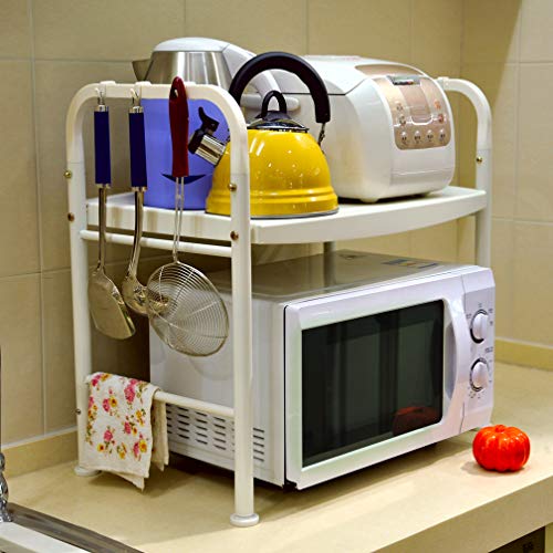 Hershii Kitchen Storage Rack Microwave Oven Shelving Unit Heavy Duty Shelf Organizer Multi-Purpose Children Writing Desk Plant Stand Holder Bookshelf With 8 Hooks 24.8'' X 14.56'' X 22.24'' - Ivory #TOP3
