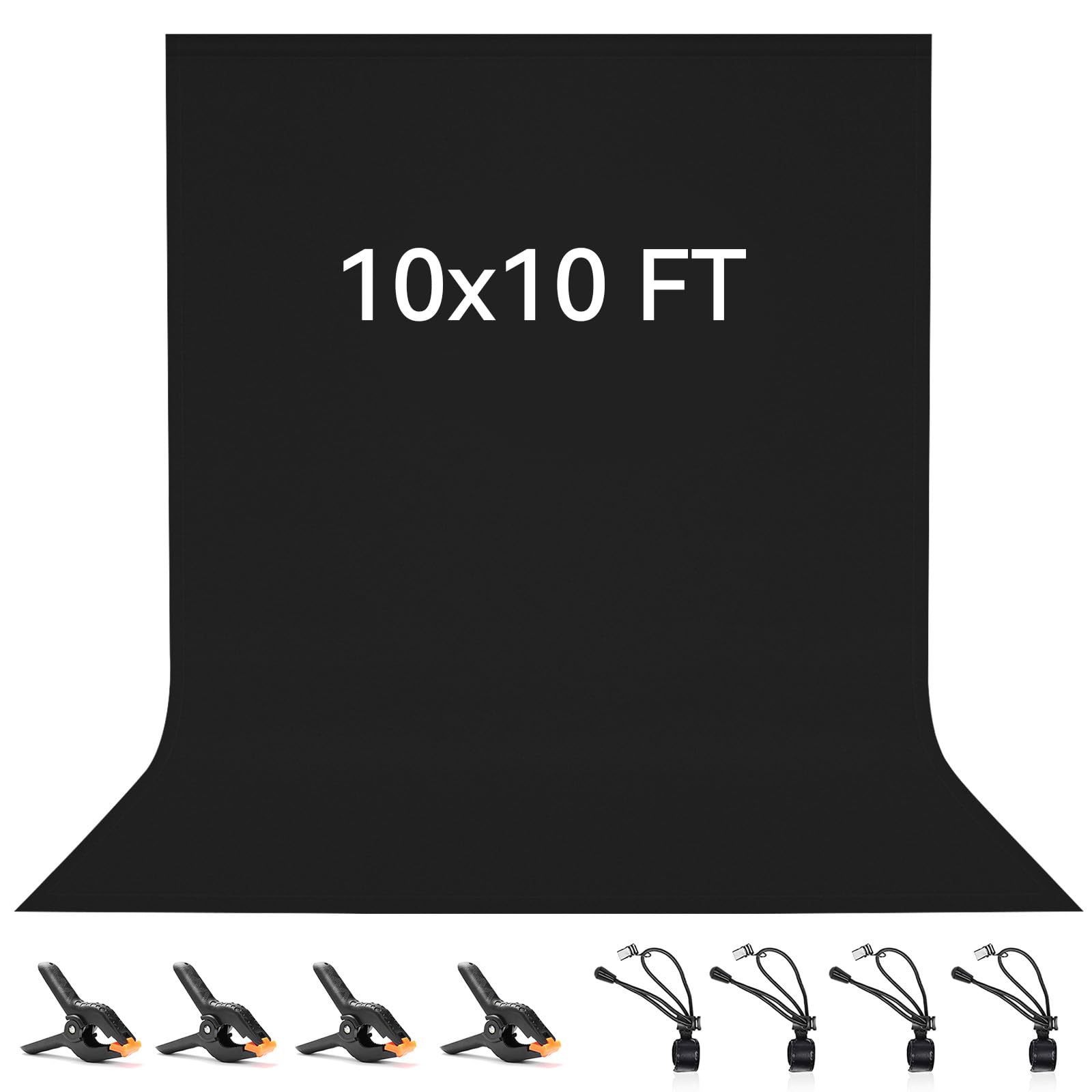 3x 3M/ 10 x10FT Black Backdrop, Vevelux 100% Polyester Photography Background with 4 Spring Clamps & 4 Anti-Wrinkle Backdrop Clips Foldable Washable for Studio Photo Shooting (Black, 3x3M)