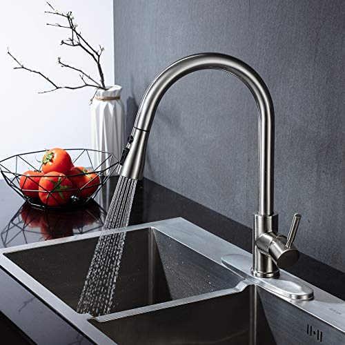 Kitchen Faucet Single Handle Brushed Nickel with Pull Down Sprayer, Commercial High Arc Pull Out Stainless Steel Kitchen Sink Faucets Single Hole