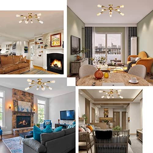 JHLBYL Sputnik Chandelier Modern Gold Metal Ceiling Lamp 8 Lights Vintage Semi Flush Mount Light Fixtures for Living Room Kitchen Bedroom