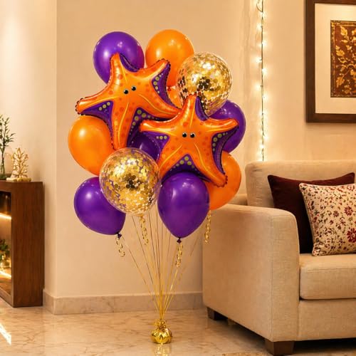 Image of Wanna Party Starfish Underwater Theme Balloon Set of 10 for Birthday Decoration | 2 Starfish Foil Balloons + 3 Purple + 3 Yellow + 2 Gold Confetti Balloons (12 Inch) | Ocean Sea Party Decor Supplies