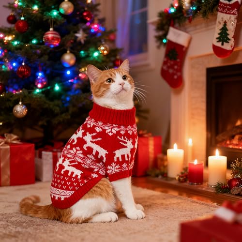 Pull de Noël pour chat : le cadeau idéal | Coffret de 2 pulls en tricot renne et flocon - 3