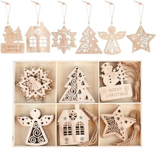 30uds Juego Adornos Madera para Árbol Navidad, 8cm Manualidades N...