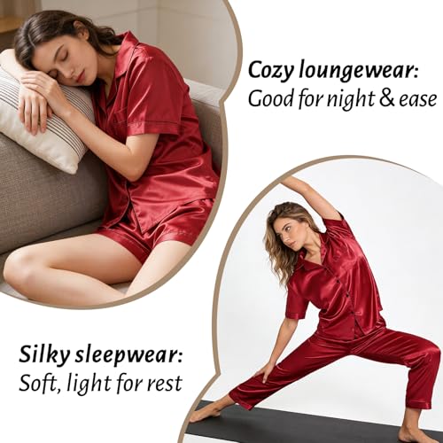 Image of 3 Piece Silk Satin Pajama Set for Women Soft Short Sleeve Button Down Pjs with Shorts Long Pants Sleepwear S-XXXL