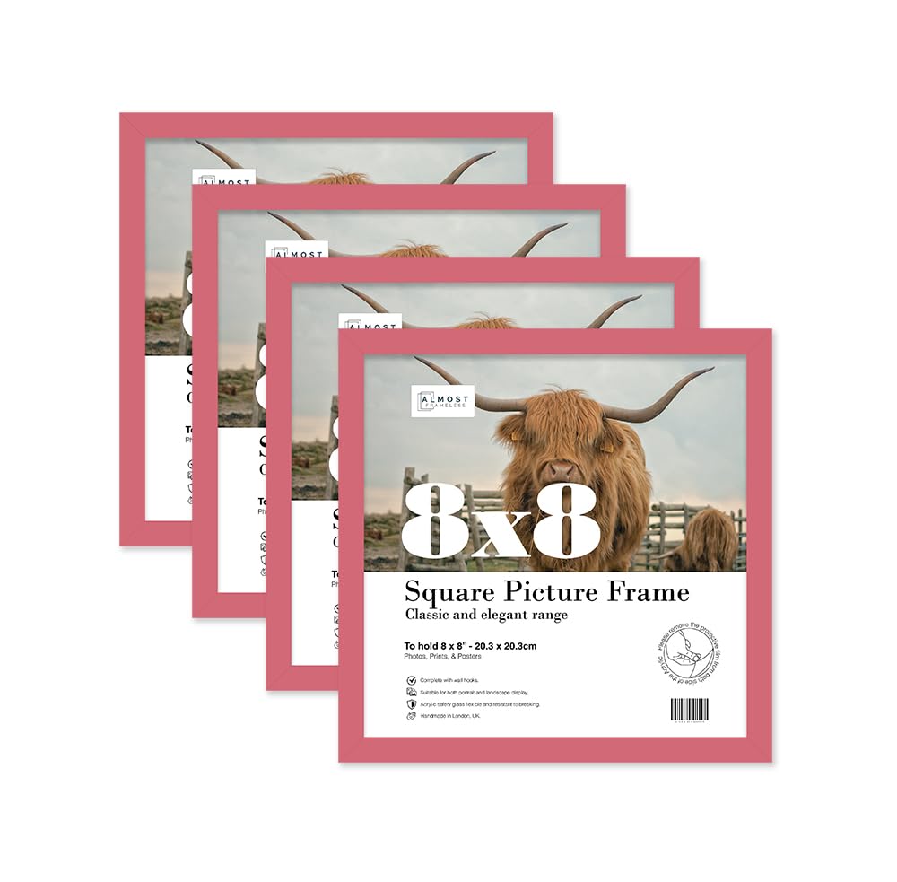 Almost Frameless 8x8 Pink Picture Frame Set of 4, Display 8x8 Picture Gallery Wall, Poster, Photo, Artwork, or Print, Pink, Square