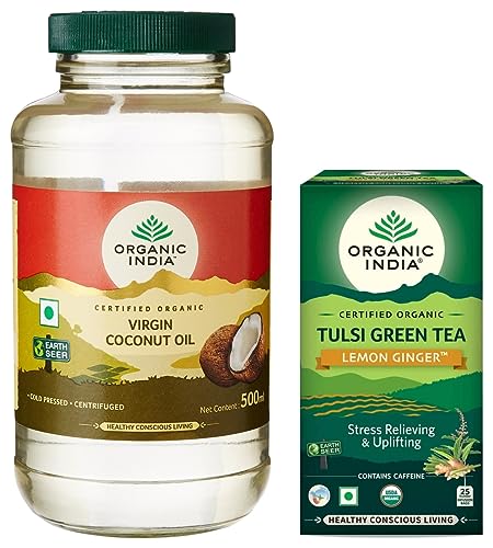 Image of Organic India Virgin Coconut Oil, 500ml & Organic India Tulsi Green - 25 x 1.8g Tea Bags (Lemon Ginger)