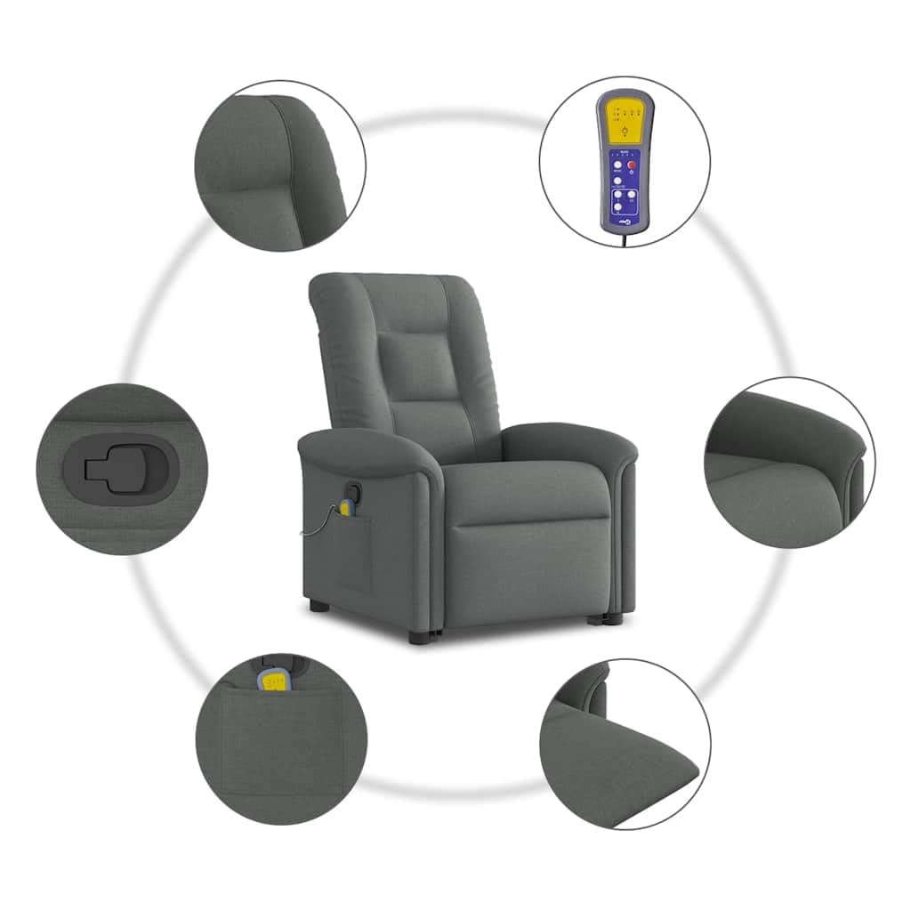 vidaXL Poltrona Alzapersona Massaggi Reclinabile Grigio Scuro Tessuto, Poltrona reclinabile rialzata, Sedia reclinabile per Anziani, Sedia alzabile elettrica