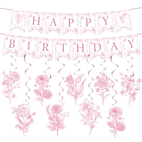 Image of JarThenaAMCS 11 Pcs Pink Flower Birthday Banner Chinoiserie Floral Happy Birthday Bunting Garland with Elegant Flower Hanging Swirl for Party Decoration