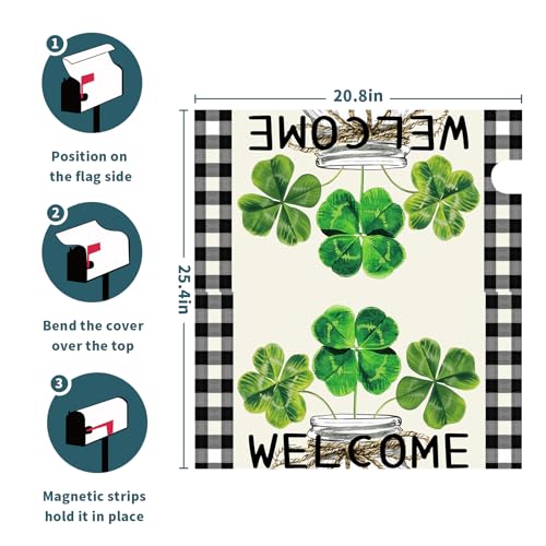Image of Happy St. Patrick's Day Leaf Mailbox Covers Magnetic Shamrock Green Mailbox Cover Standard Size 21 X 25.5 Inch Spring Clovers Holiday Wrap Post Letter Box Decorative for Outdoor Home Garden Yard