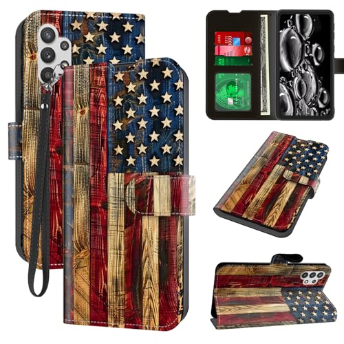 ACWDMKH for Galaxy A32 5G Phone Case,Samsung Galaxy A32 5G Case with Card Holder & Kickstand & Wrist Strap Wallet Flip Folio Leather Magnetic Protective Cover Shockproof Cover,Wood American Flag
