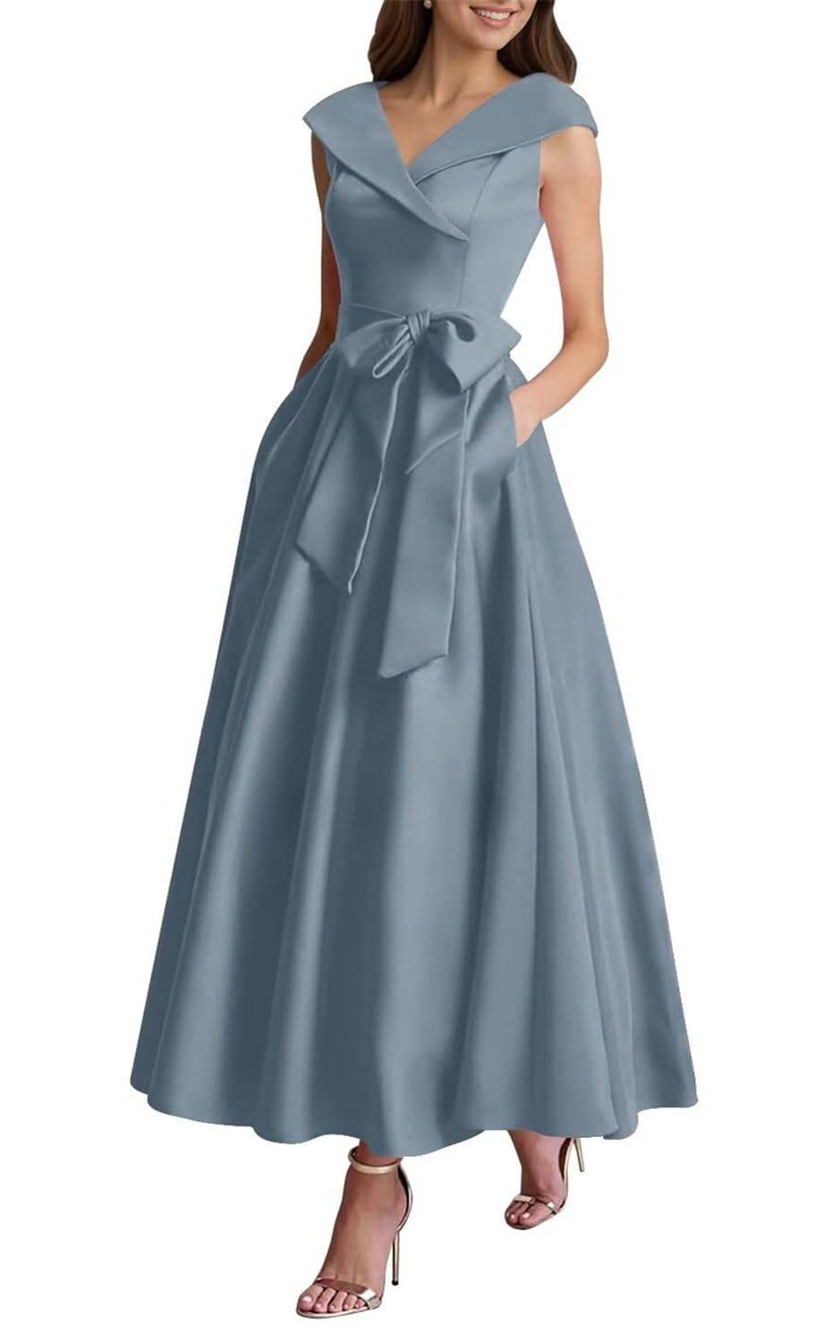 Kiyne Women's Dusty Blue Ankle Length Mother Of The Bride Dresses For With Pockets V Neck Satin Wedding Guest Dress Uk14