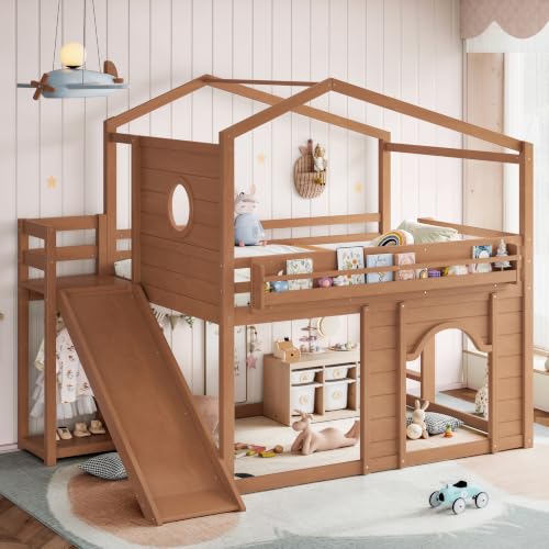 Image of Bellemave Bunk beds Full Over Full with Slide,Bookshelf and Wardrobe House roof Design, Low bunk /loft Bed for Kids, Natural
