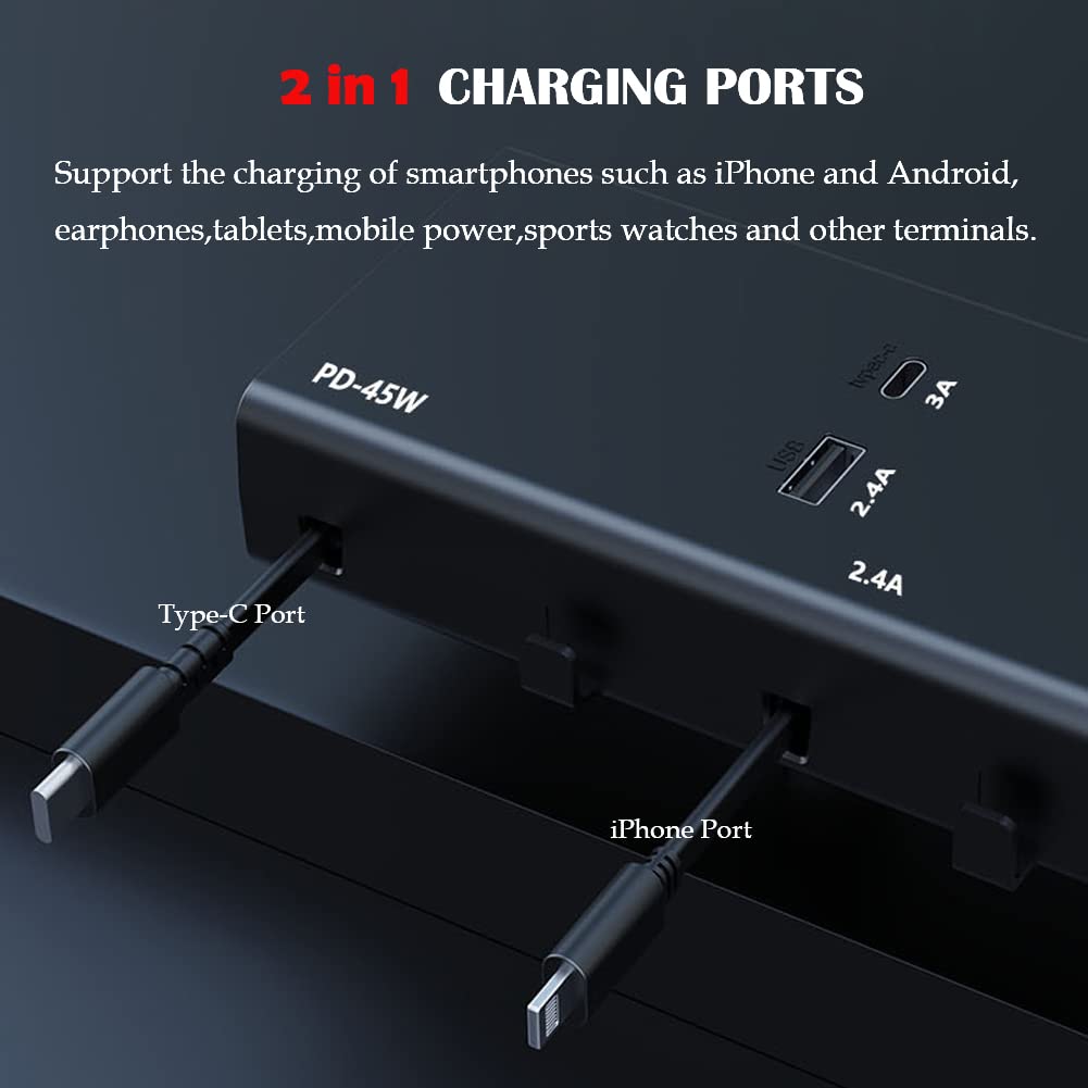 Caja de estación de carga retráctil para asiento trasero de coche, cargador de coche 2 en 1, adaptador de cargador de coche máximo de 65 W para carga de asiento delantero y trasero, base de