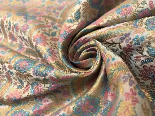 Brocart de soie blanc ivoire tissu jacquard doré métallisé floral bleu rose BRO1135