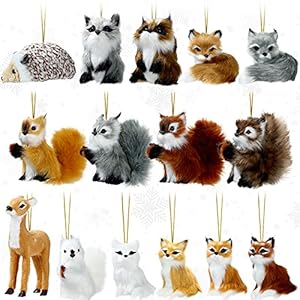 Skylety 15 pieces animal ornaments woodland faux fur animal hanging ornament bulk plush simulation fall christmas tree decoration for home backpack party holiday  urban country home decor