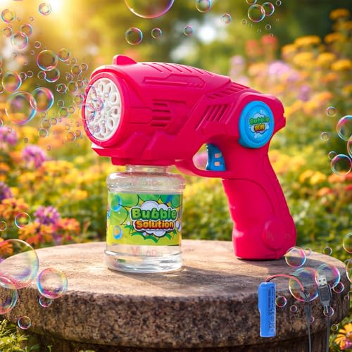 Image of VikriDA VikriDA Bubble Gun Machine for Kids 4-8 | Automatic Bubble Blasters with Refill Solution Bottles | Outdoor Summer Toy for Parties & Play - Pink