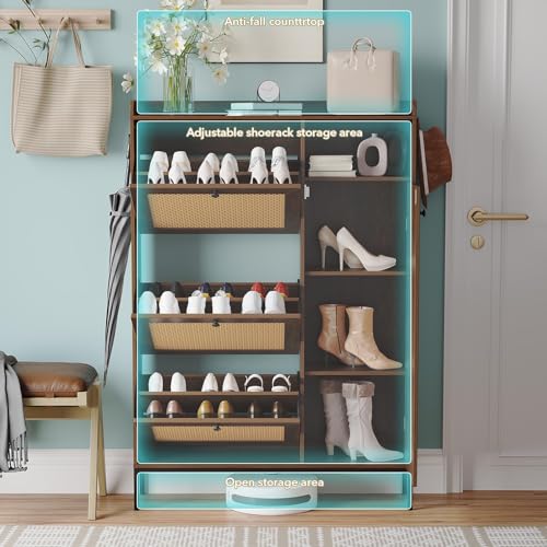 Image of Rattan Wooden Shoe Cabinet, Freestanding 3-Flip Drawer Shoe Storage Organizer, Side Cabinet & Top Fence, Easy Assembly Shoe Rack for Entryway Hallway Living Room, Deep Cherry