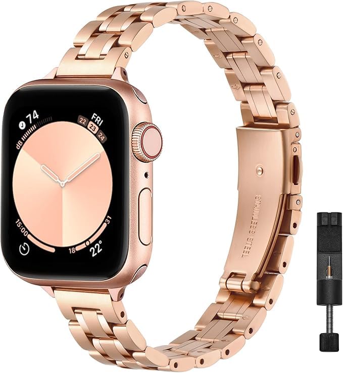 Image of STIROLL Thin Replacement Band Compatible for Apple Watch 38mm 40mm 41mm 42mm(Series 11 10), Stainless Steel Metal Wristband Women Men for iWatch Ultra SE Series 9 8 7 6 5 4 3 2 1, Rose Gold