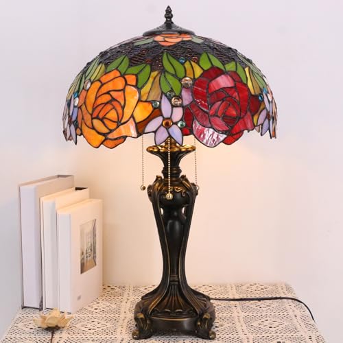 Image of 16Inch Tiffany Lamp Shade Replacement Only (Red Yellow Roses) | Stained Glass Lampshade Fit For Table Lamps FLoor Lamp Ceiling Fixture Pendant Hanging Light Home Office Decoration