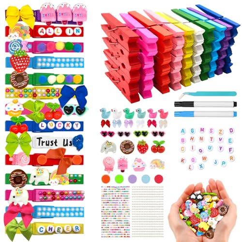 Gnoztik 100-Set Cheer Pins Spirit Clips, 100 Wooden Clothes Pins with 500 Accessories, Including Mini Ducks, Bows & Pompoms, Perfect for Cheerleading, Backpacks, Gifts & Decorations